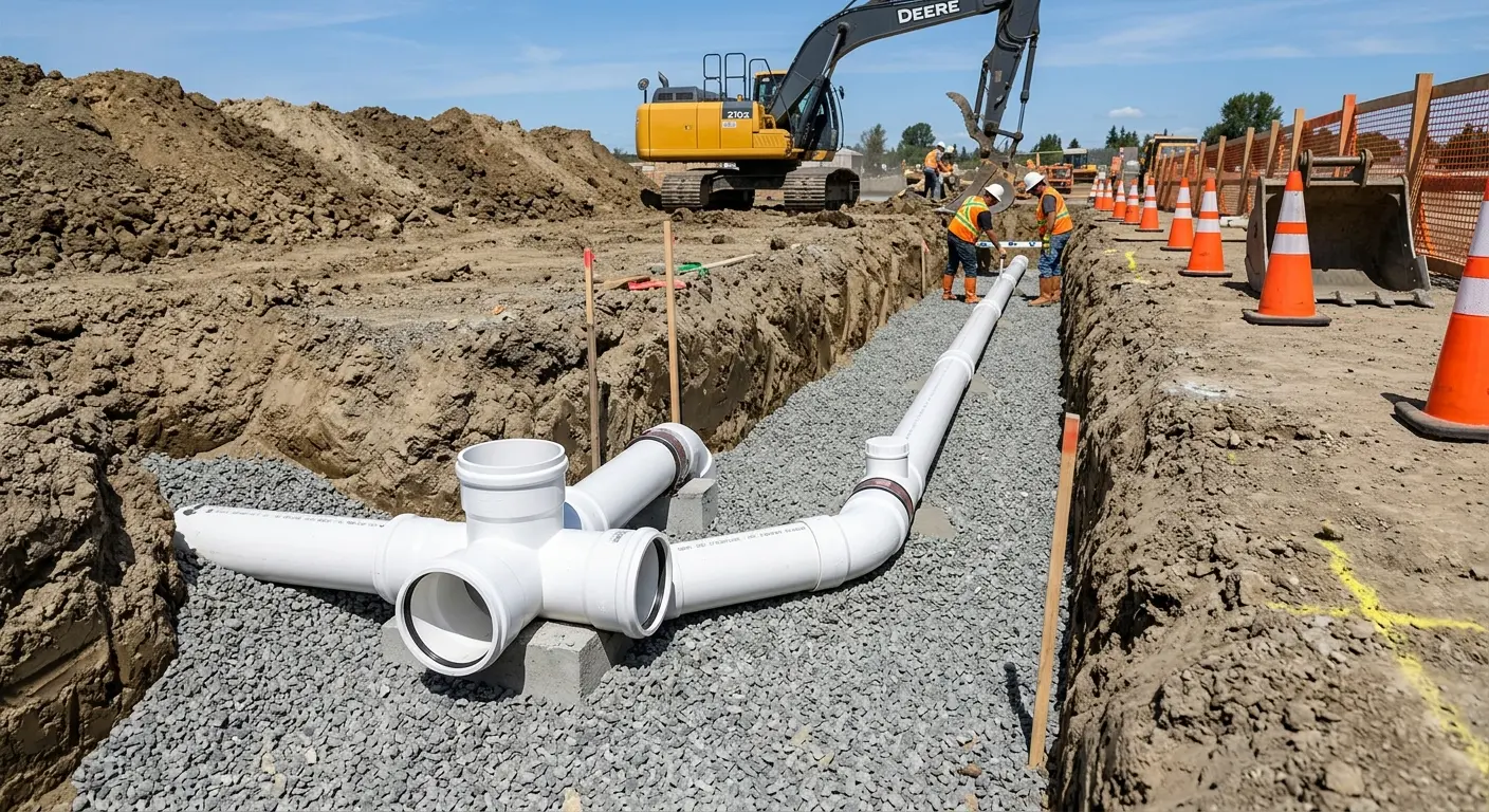 New PVC sewer pipe installation in open trench for Grease Trap Cleaning in Carroll