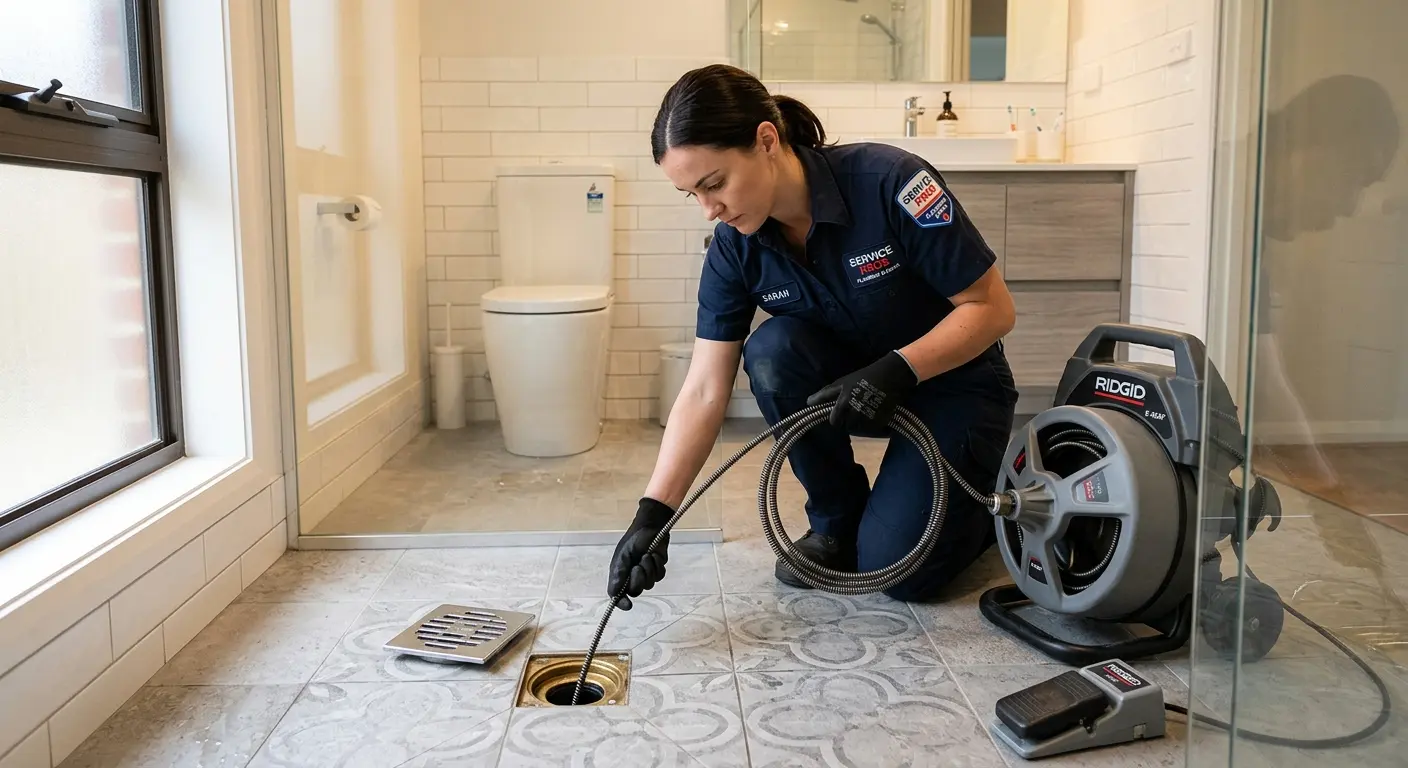 Technician clearing a bathroom floor drain for Sewer Line Installation in Carroll